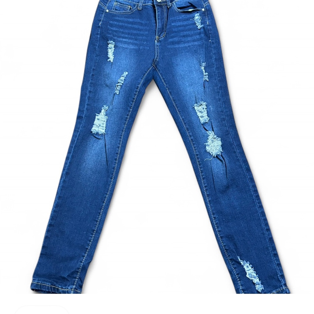 BAMBOO PREMIUM Blue Distressed Skinny Demin Jeans Women Posh Up Design.9 NWOT